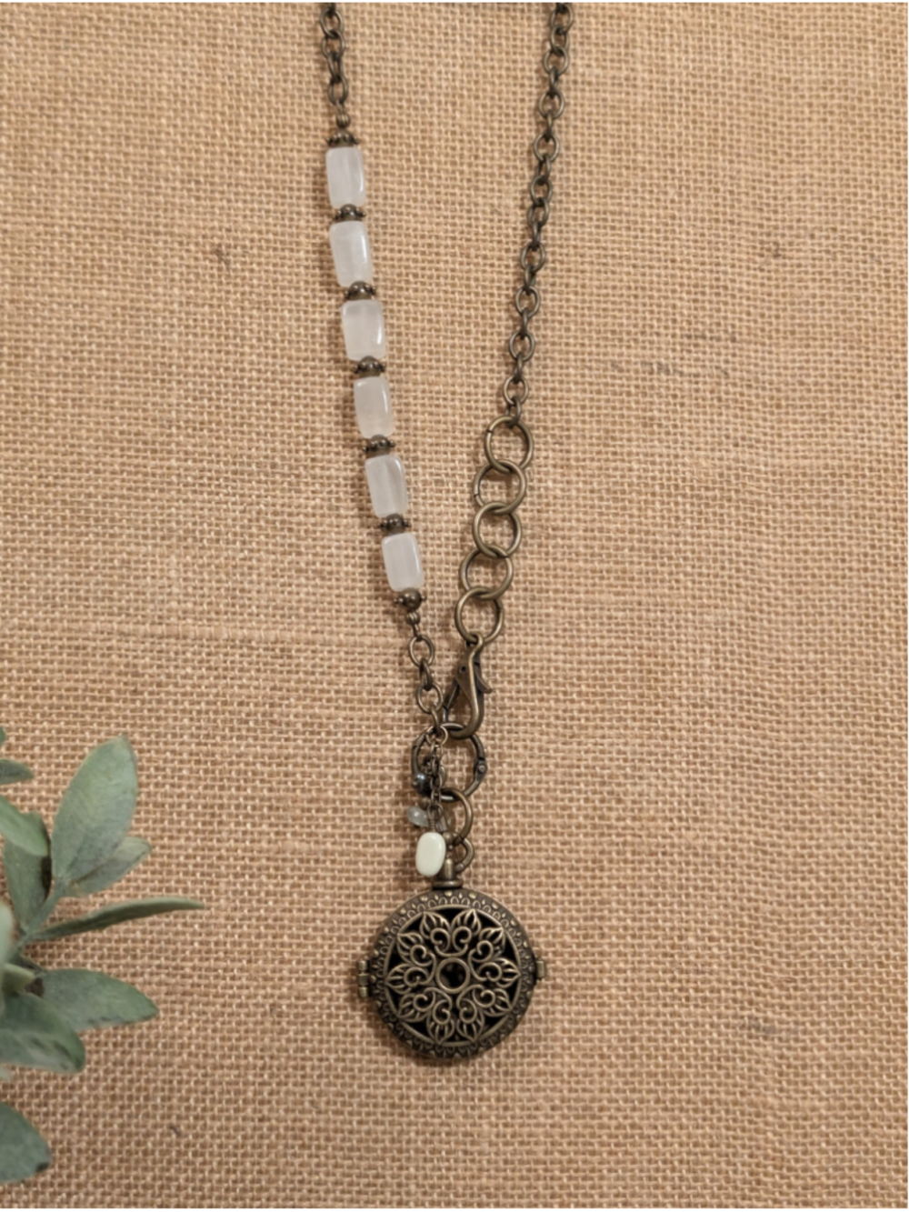 Handcrafted Boho Moonstone Essential Oil Diffuser Locket Brass Chain Necklace